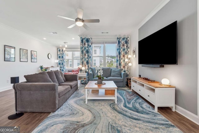 1621 Wellborn Walk, Suwanee, GA 30024 - living room with crown molding, wood finished floors, and ceiling fan