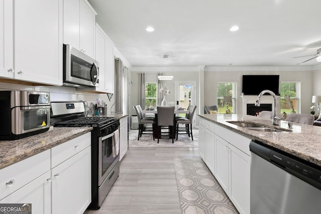 140 Canyons Ct, Hampton, GA 30228 - kitchen with stainless steel appliances, a warm lit fireplace, crown molding, white cabinetry, and light stone countertops