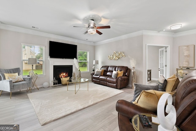 140 Canyons Ct, Hampton, GA 30228 - living area with ceiling fan, healthy amount of natural light, light wood-type flooring, a lit fireplace, and crown molding
