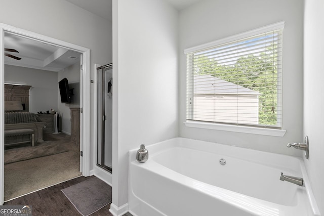 140 Canyons Ct, Hampton, GA 30228 - ensuite bathroom featuring a bath, a shower stall, wood finished floors, and a ceiling fan
