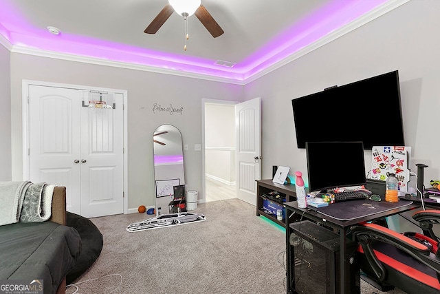 140 Canyons Ct, Hampton, GA 30228 - carpeted home office featuring ceiling fan and a raised ceiling
