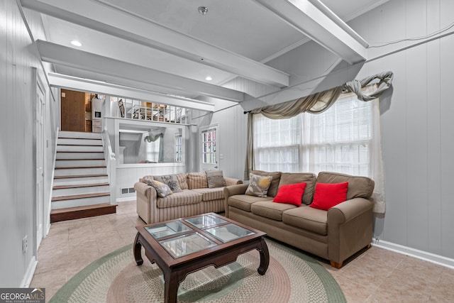 564 Allana Ct, Stone Mountain, GA 30087 - tiled living area with stairway, a decorative wall, beam ceiling, and ornamental molding