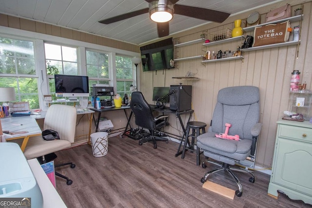 6110 Ga Highway 34, Franklin, GA 30217 - office featuring wood finished floors, a ceiling fan, wood walls, and wooden ceiling
