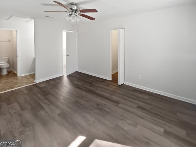 6220 Brookwood Rd, Peachtree Corners, GA 30092 - unfurnished bedroom featuring dark wood-style floors, ensuite bath, and a ceiling fan