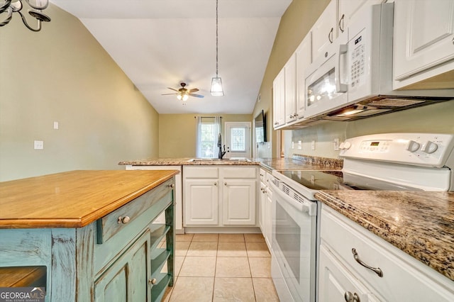 209 Jacobs Way Apt B, Jasper, GA 30143 - kitchen with white appliances, vaulted ceiling, white cabinets, a peninsula, and ceiling fan