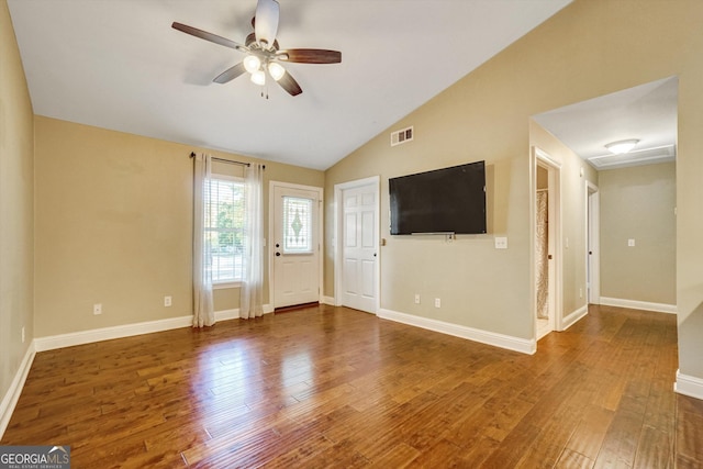 209 Jacobs Way Apt B, Jasper, GA 30143 - unfurnished living room featuring a ceiling fan, wood finished floors, vaulted ceiling, and attic access