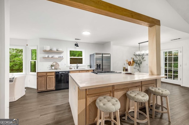 5315 Bentley Hall Dr, Alpharetta, GA 30005 - kitchen featuring stainless steel appliances, dark wood-type flooring, and a breakfast bar area
