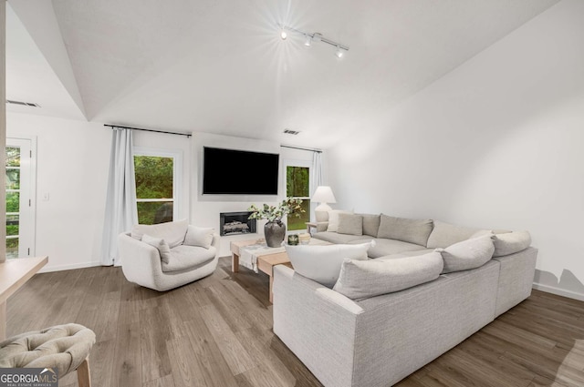 5315 Bentley Hall Dr, Alpharetta, GA 30005 - living area with track lighting, wood finished floors, lofted ceiling, and plenty of natural light