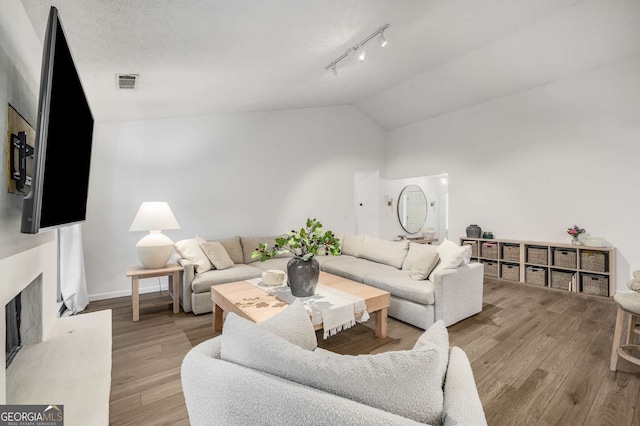 5315 Bentley Hall Dr, Alpharetta, GA 30005 - living room with track lighting, vaulted ceiling, light wood finished floors, and a fireplace with raised hearth