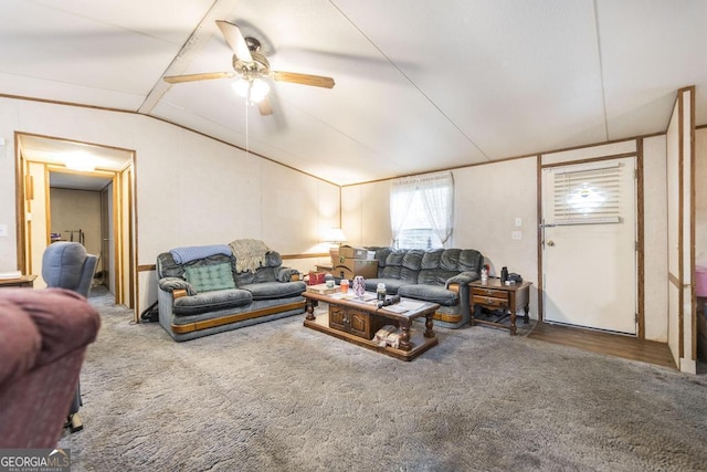 912 Druid St, Dublin, GA 31021 - living room featuring lofted ceiling, a ceiling fan, and carpet flooring