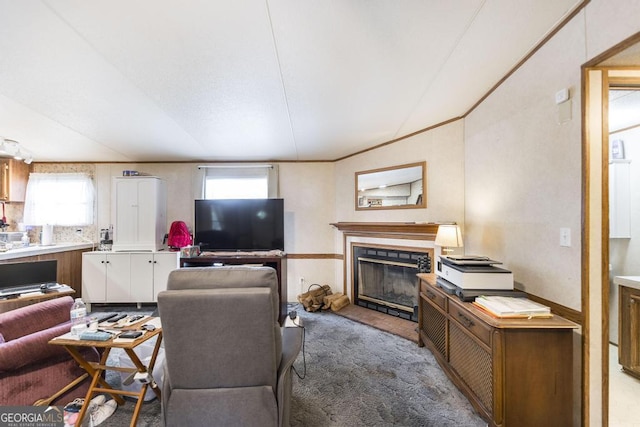 912 Druid St, Dublin, GA 31021 - living room with light colored carpet, vaulted ceiling, plenty of natural light, and a glass covered fireplace