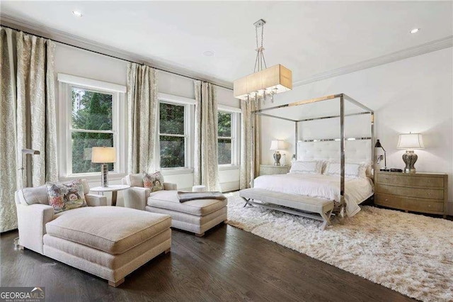 2883 Andrews Dr NW, Atlanta, GA 30305 - bedroom with ornamental molding, dark wood-type flooring, a chandelier, and recessed lighting