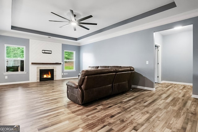 132 Berkleigh Trails Dr, Hiram, GA 30141 - living area featuring a raised ceiling, a ceiling fan, wood finished floors, and plenty of natural light