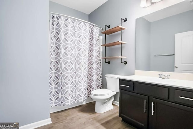 132 Berkleigh Trails Dr, Hiram, GA 30141 - bathroom with vanity, wood finished floors, and a shower with shower curtain