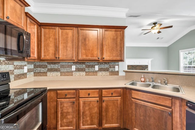 4371 Shag Bark Trl, Gainesville, GA 30507 - kitchen featuring black appliances, ceiling fan, backsplash, light countertops, and ornamental molding