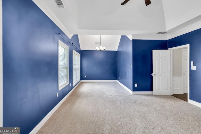 4371 Shag Bark Trl, Gainesville, GA 30507 - empty room with a ceiling fan, a chandelier, carpet, and crown molding
