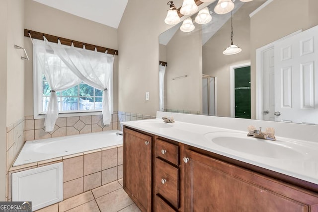 4371 Shag Bark Trl, Gainesville, GA 30507 - bathroom featuring double vanity, a bath, tile patterned flooring, a chandelier, and an enclosed shower