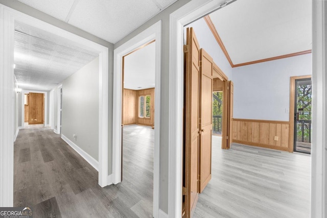 2945 Thompson Mill Rd, Gainesville, GA 30506 - corridor with light wood-style flooring, wainscoting, plenty of natural light, and wood walls