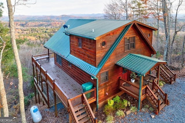 588 Tower Rd, Mineral Bluff, GA 30559 - rear view of property featuring stairway, a deck with mountain view, and a metal roof