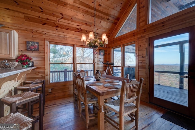 588 Tower Rd, Mineral Bluff, GA 30559 - dining area with lofted ceiling, a chandelier, wooden walls, wood-type flooring, and wood ceiling