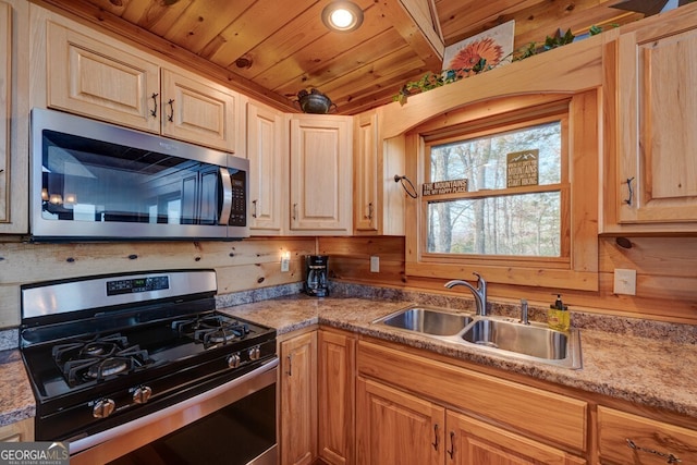588 Tower Rd, Mineral Bluff, GA 30559 - kitchen featuring stainless steel appliances, wood ceiling, light countertops, and light brown cabinetry