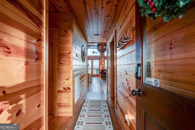 588 Tower Rd, Mineral Bluff, GA 30559 - hall with wood walls, wood finished floors, and wood ceiling