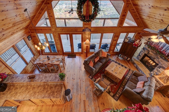 588 Tower Rd, Mineral Bluff, GA 30559 - living area with high vaulted ceiling, ceiling fan, hardwood / wood-style flooring, wooden walls, and wooden ceiling