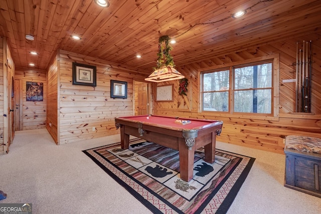588 Tower Rd, Mineral Bluff, GA 30559 - recreation room featuring pool table, recessed lighting, carpet, wooden ceiling, and wooden walls
