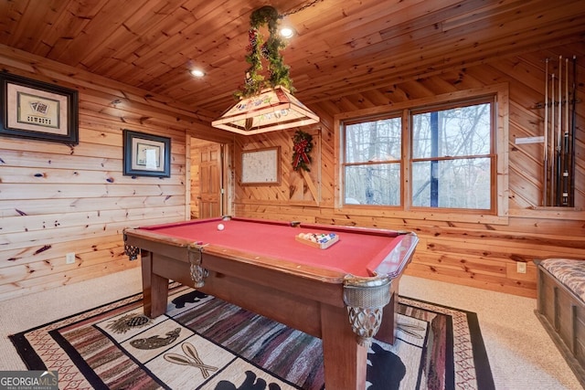 588 Tower Rd, Mineral Bluff, GA 30559 - rec room featuring billiards, carpet, wooden walls, and wood ceiling