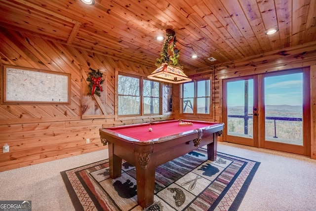 588 Tower Rd, Mineral Bluff, GA 30559 - game room featuring carpet, wood ceiling, plenty of natural light, recessed lighting, and billiards