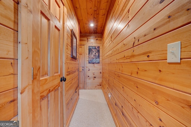 588 Tower Rd, Mineral Bluff, GA 30559 - corridor featuring wood walls, carpet, recessed lighting, and wood ceiling