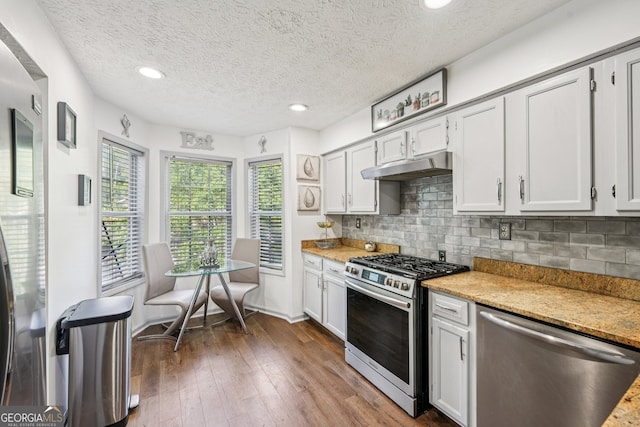 4467 Pineridge Cir, Atlanta, GA 30338 - kitchen featuring stainless steel appliances, under cabinet range hood, tasteful backsplash, dark wood-style flooring, and recessed lighting