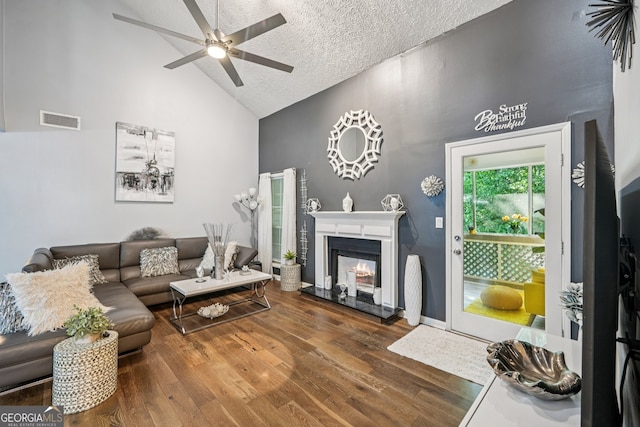 4467 Pineridge Cir, Atlanta, GA 30338 - living area featuring high vaulted ceiling, wood finished floors, a ceiling fan, a glass covered fireplace, and a textured ceiling