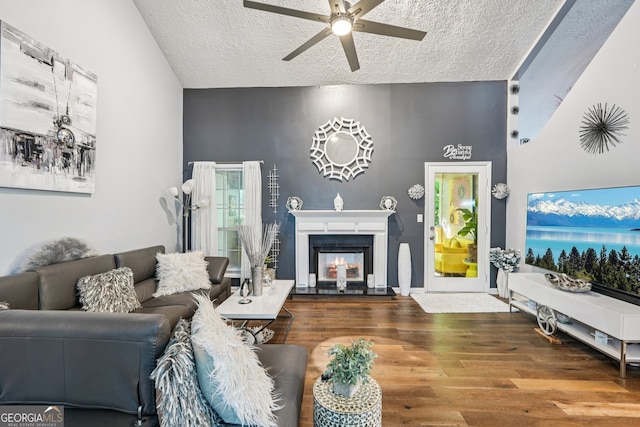 4467 Pineridge Cir, Atlanta, GA 30338 - living area with a ceiling fan, a textured ceiling, lofted ceiling, wood finished floors, and a glass covered fireplace