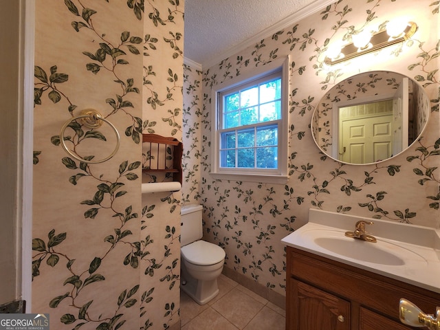 3054 Whisper Knob Rd, Marietta, GA 30062 - bathroom featuring crown molding, wallpapered walls, a textured ceiling, tile patterned floors, and vanity