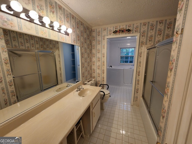 3054 Whisper Knob Rd, Marietta, GA 30062 - full bath featuring crown molding, tile patterned flooring, a textured ceiling, an enclosed shower, and vanity