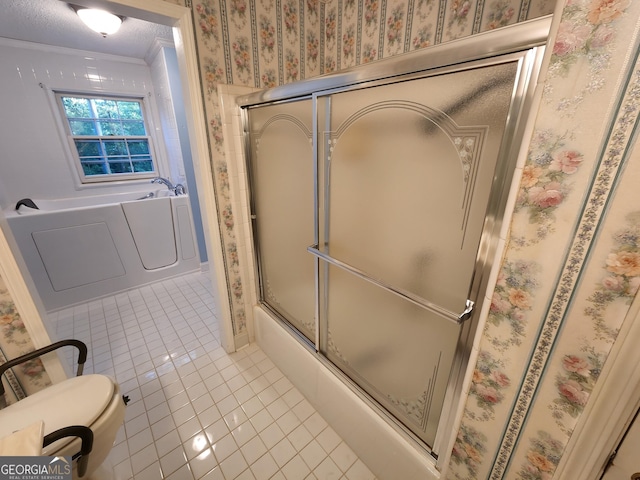 3054 Whisper Knob Rd, Marietta, GA 30062 - bathroom with tile patterned flooring, wallpapered walls, and crown molding