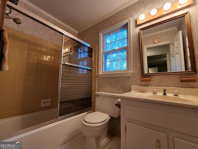 3054 Whisper Knob Rd, Marietta, GA 30062 - bathroom featuring crown molding, a textured ceiling, vanity, enclosed tub / shower combo, and tile patterned floors