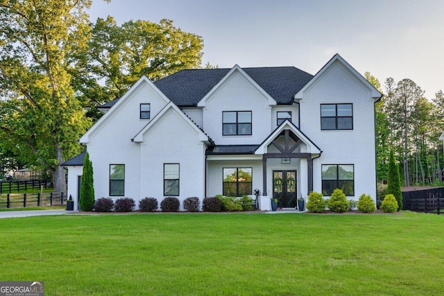 2381 Jones Phillips Rd, Dacula, GA 30019 - modern farmhouse style home with a standing seam roof, a metal roof, and french doors