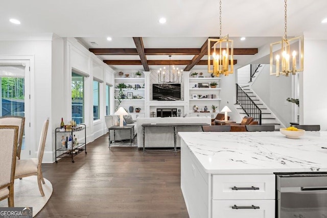 2381 Jones Phillips Rd, Dacula, GA 30019 - kitchen featuring a chandelier, recessed lighting, dark wood-style floors, beam ceiling, and white cabinets