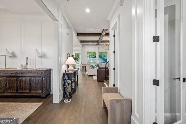 2381 Jones Phillips Rd, Dacula, GA 30019 - hallway featuring wood finished floors, coffered ceiling, beamed ceiling, ornamental molding, and recessed lighting