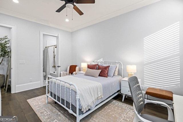 2381 Jones Phillips Rd, Dacula, GA 30019 - bedroom with wood finished floors, recessed lighting, ceiling fan, crown molding, and ensuite bathroom