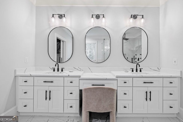 2381 Jones Phillips Rd, Dacula, GA 30019 - full bathroom with marble finish floors, double vanity, and a marble finish shower