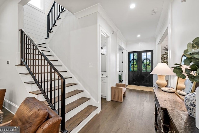 2381 Jones Phillips Rd, Dacula, GA 30019 - foyer with stairway, wood finished floors, recessed lighting, and french doors