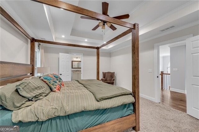 5301 Regency Lake Ct, Sugar Hill, GA 30518 - bedroom featuring ornamental molding, recessed lighting, carpet, a raised ceiling, and ensuite bathroom