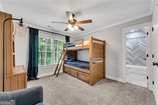 5301 Regency Lake Ct, Sugar Hill, GA 30518 - bedroom with crown molding, carpet floors, and ceiling fan