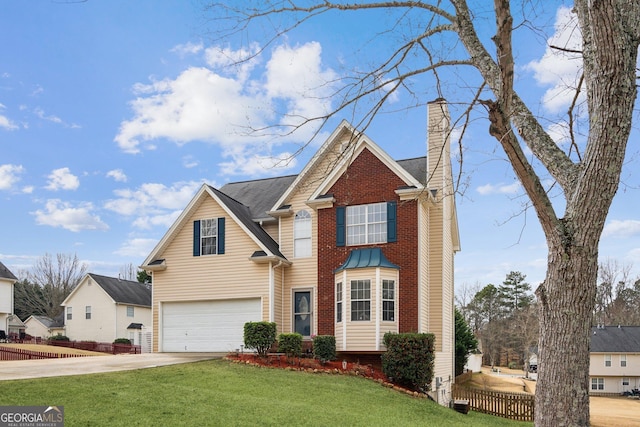 5686 Grindstone Dr, Buford, GA 30518 - traditional-style house featuring a chimney, driveway, an attached garage, and brick siding