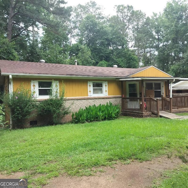 5420 Herndon Blvd, Morrow, GA 30260 - view of front of house with a front lawn, a porch, view of scattered trees, and crawl space