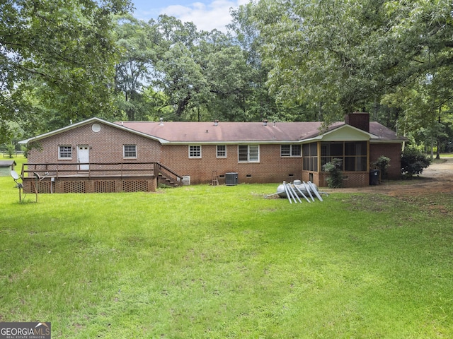 8692 Estes Rd, Macon, GA 31220 - rear view of house featuring a sunroom, a lawn, a wooden deck, and crawl space