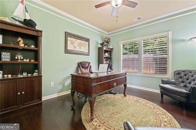 5285 Winflow Way, Suwanee, GA 30024 - home office with ceiling fan, ornamental molding, and dark wood finished floors